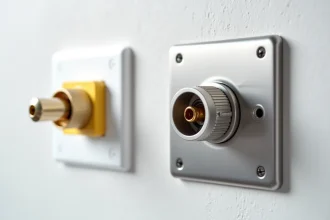 Comparaison entre une prise TV murale bas de gamme en plastique jauni et une prise haut de gamme en métal brossé installées côte à côte sur un mur blanc