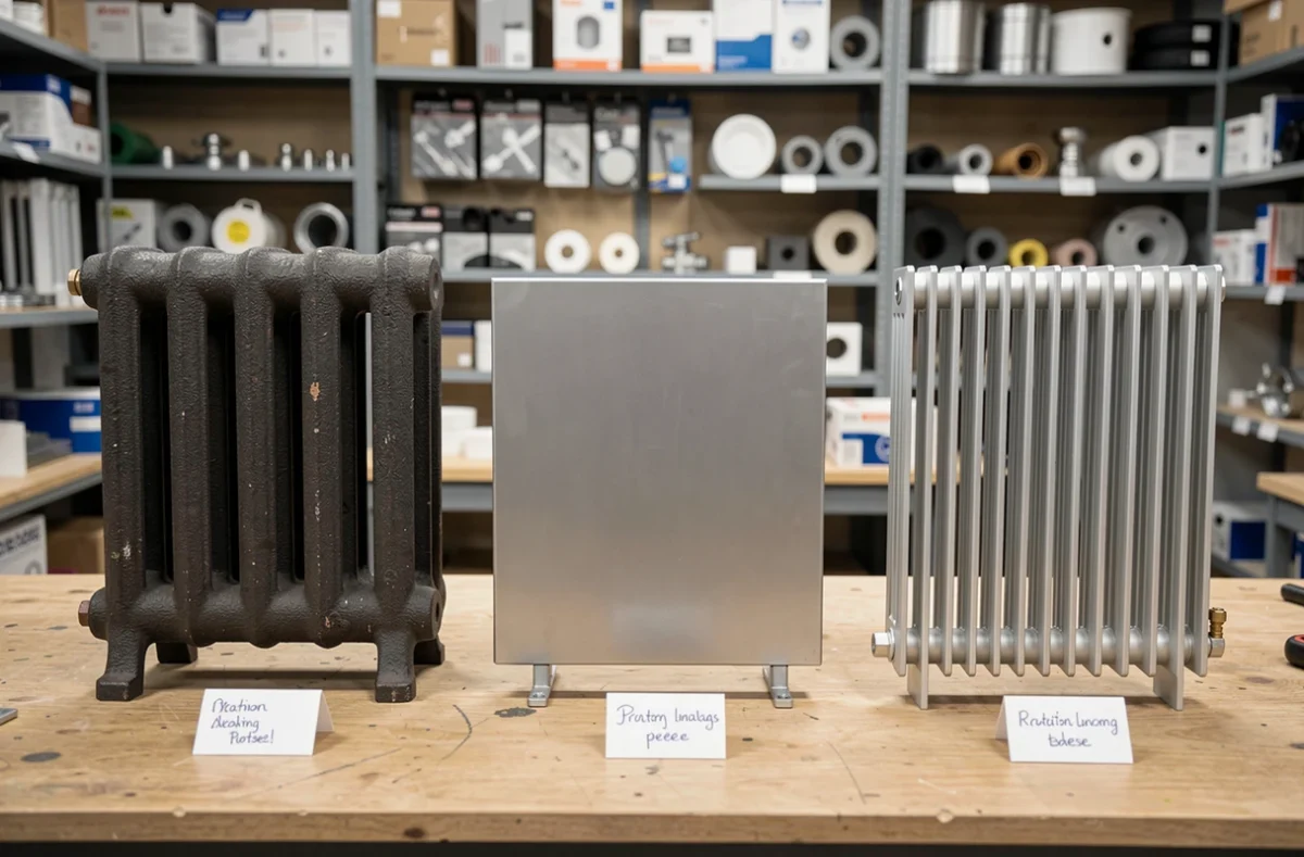 Comparaison côte à côte d'un radiateur en fonte, acier et aluminium sur une table d'atelier de plomberie pour illustrer les différences de poids et de matériaux