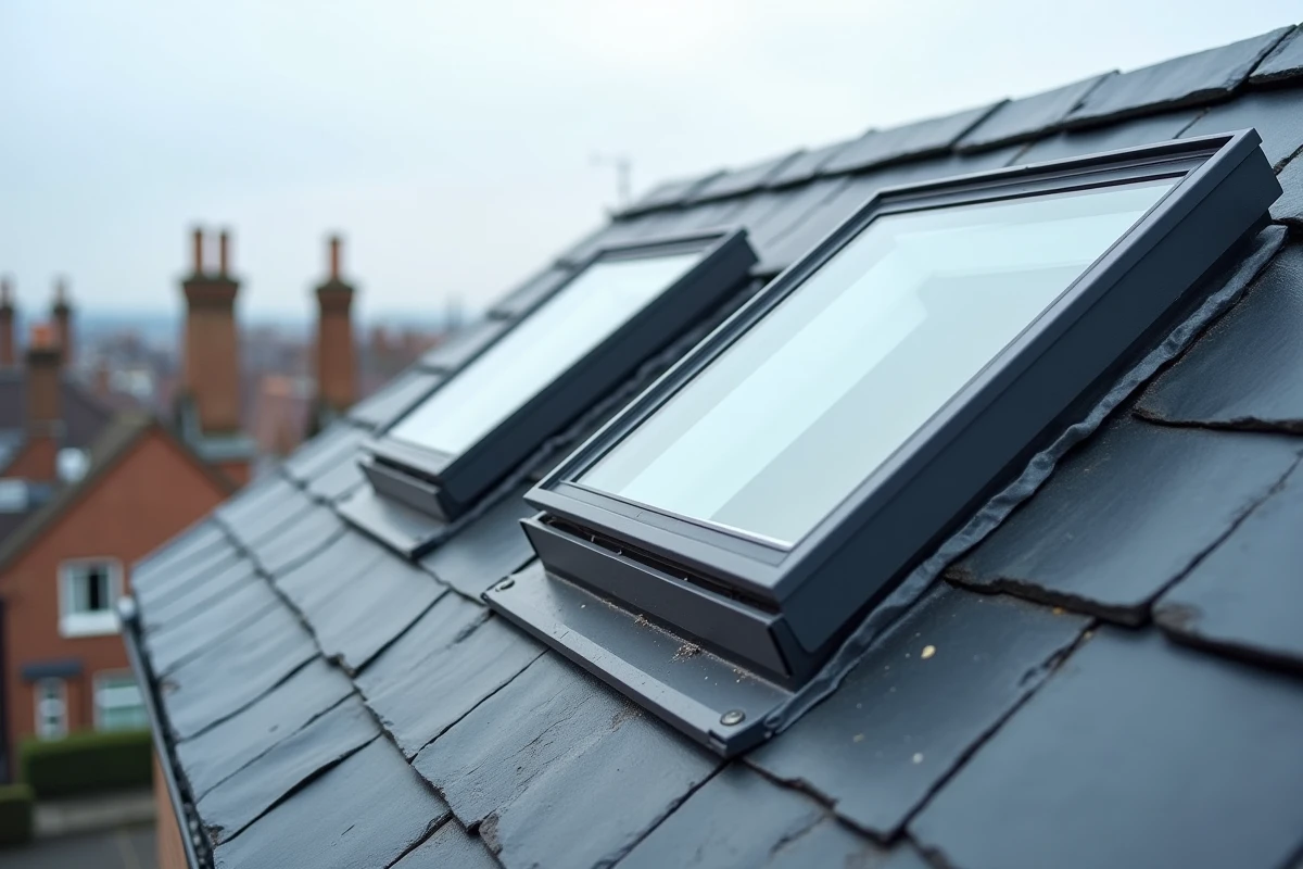 Deux fenêtres de toit VELUX de tailles différentes installées côte à côte sur une toiture en ardoise avec angle de pente visible