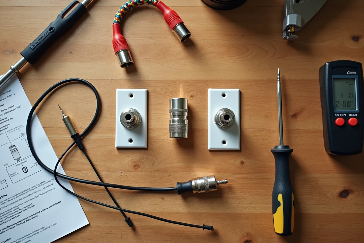 Vue aérienne de composants de prises TV murales posés sur un établi en bois avec câble coaxial, tournevis et fiche technique