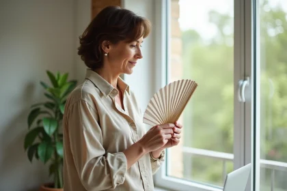 Femme dans une maison à haute efficacité énergétique Effi 65 profitant d'un confort thermique en été grâce à l'isolation renforcée
