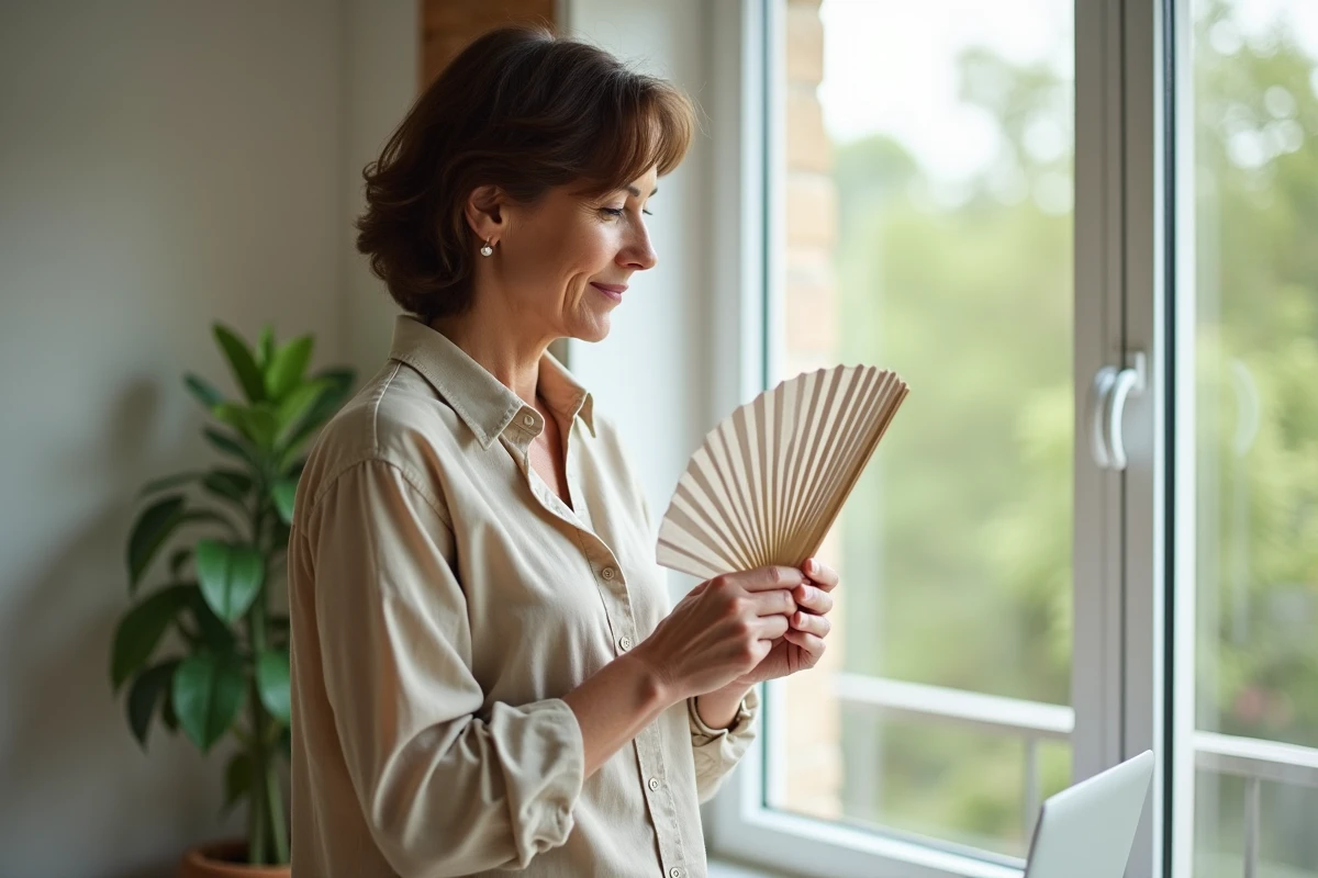 Femme dans une maison à haute efficacité énergétique Effi 65 profitant d'un confort thermique en été grâce à l'isolation renforcée