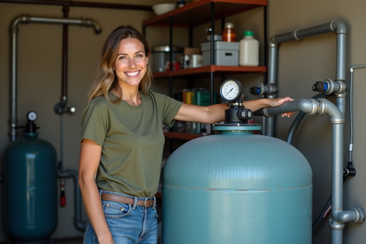 Femme vérifiant manomètre sur filtre à sable en intérieur
