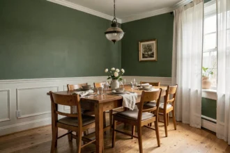 Salle à manger avec mur vert sauge et mobilier en chêne clair, exemple de couleur réussie pour décorer une salle à manger