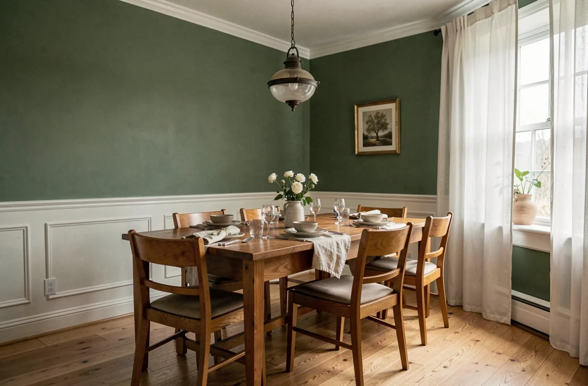 Salle à manger avec mur vert sauge et mobilier en chêne clair, exemple de couleur réussie pour décorer une salle à manger