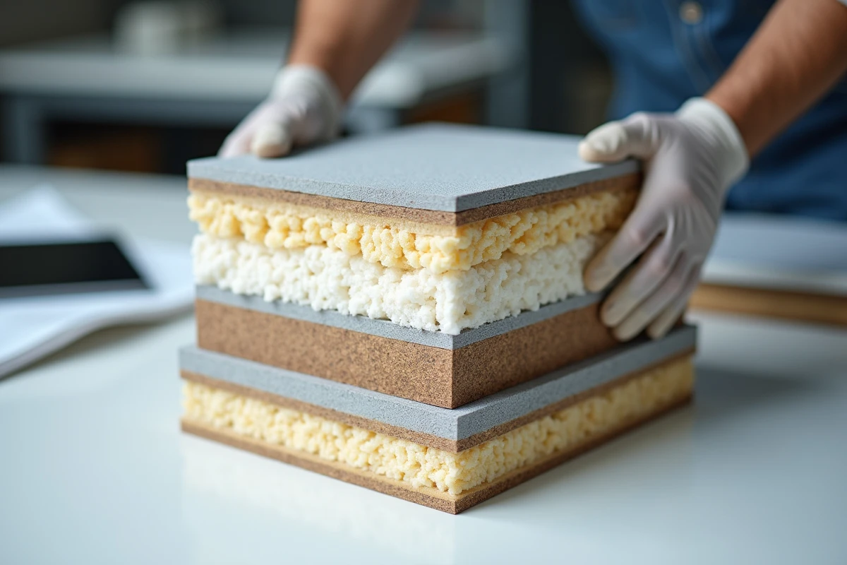 Gros plan sur une coupe transversale de panneaux isolants thermiques et acoustiques superposés en laine de bois et cellulose sur un plan de travail d'atelier