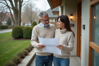Couple regardant des plans devant leur maison de banlieue