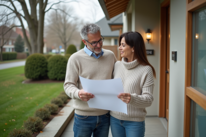 Couple regardant des plans devant leur maison de banlieue