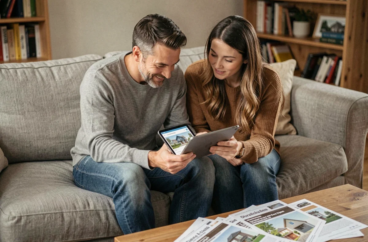 Couple consultant et comparant les tarifs de l'application immobilière lamaison360 sur une tablette dans leur salon