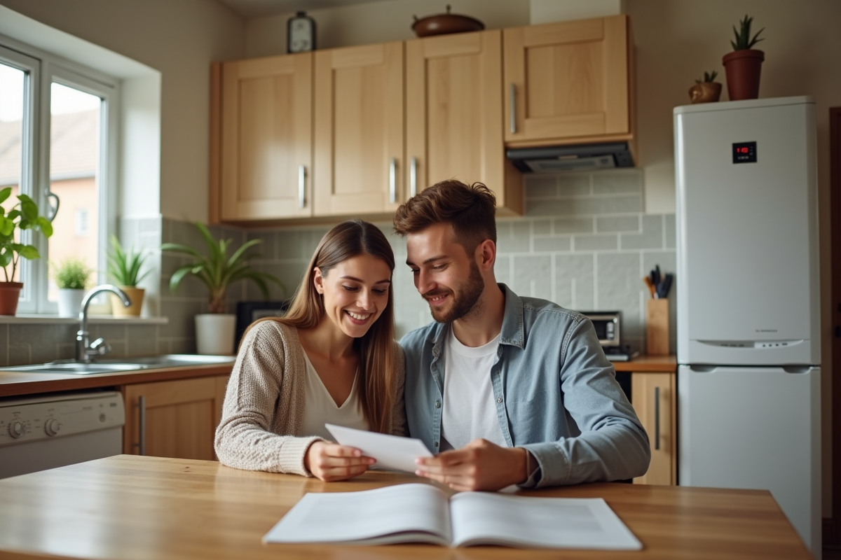 Jeune couple regardant une brochure avec une chaudière en arrière-plan