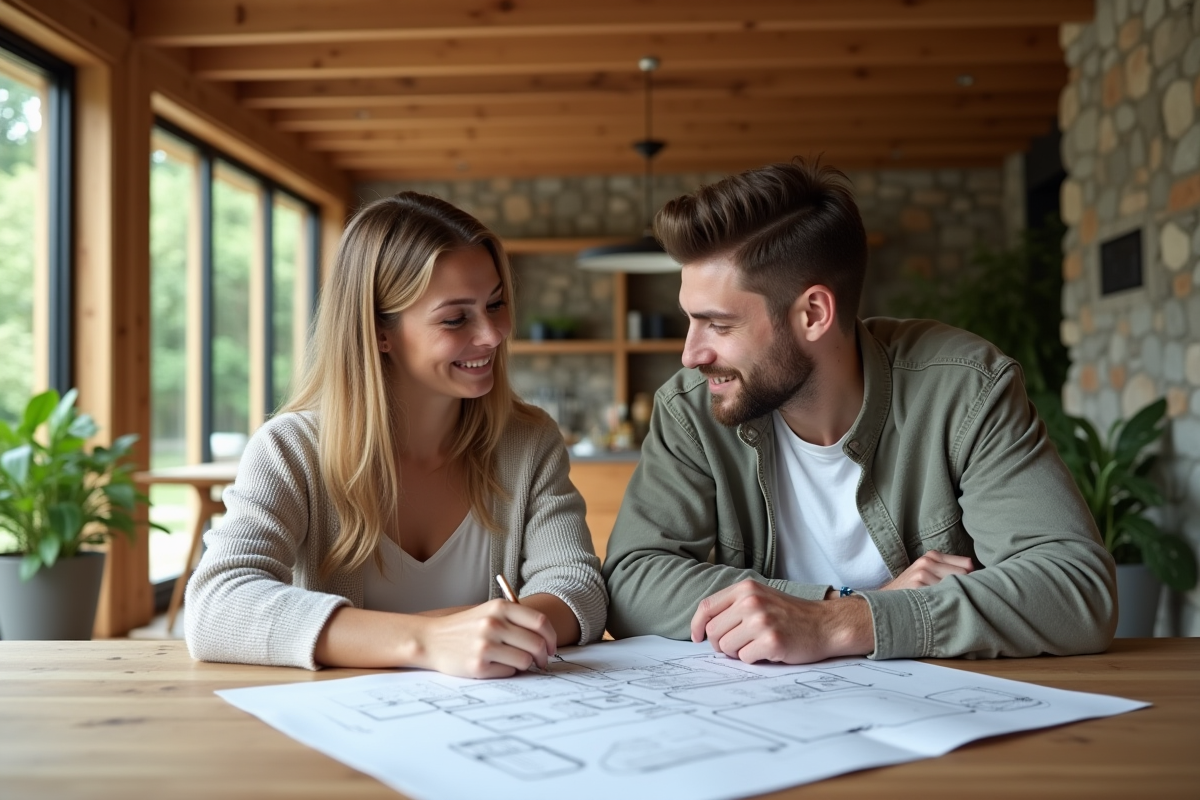 Jeune couple lisant des plans dans une maison bioclimatique moderne