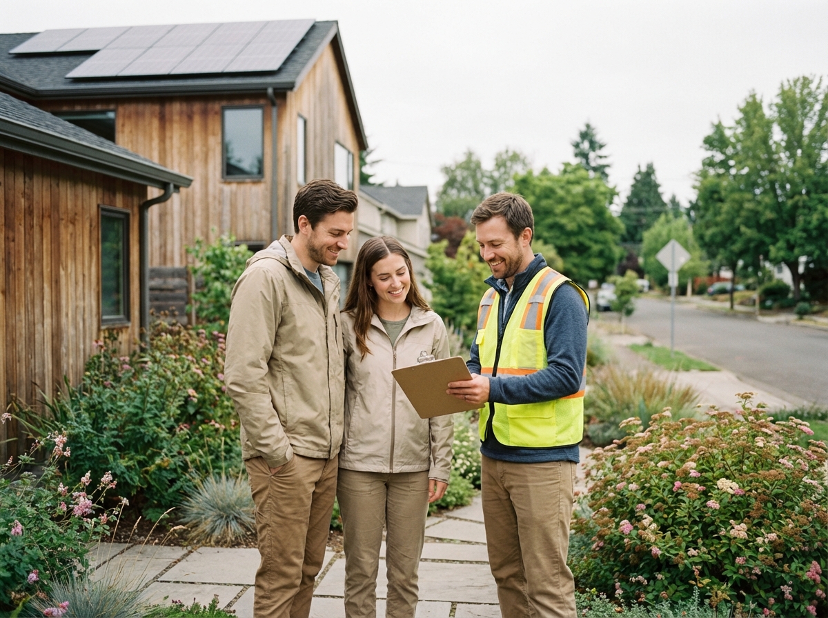 Jeune couple devant leur maison avec panneaux solaires et jardin