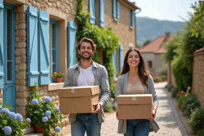 Jeune couple souriant devant une maison en Provence