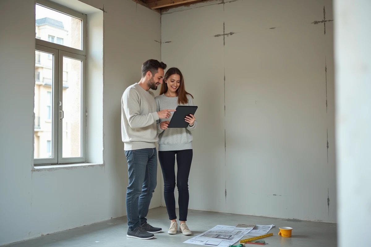 Couple planifiant la rénovation d'une pièce vide avec une application de décoration sur tablette numérique