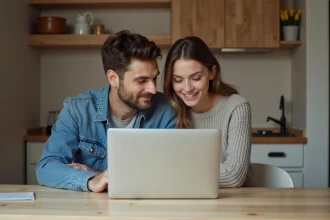 Jeune couple discutant devis de renovation dans leur cuisine