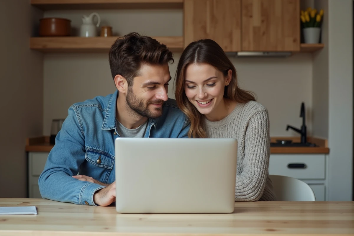 Jeune couple discutant devis de renovation dans leur cuisine