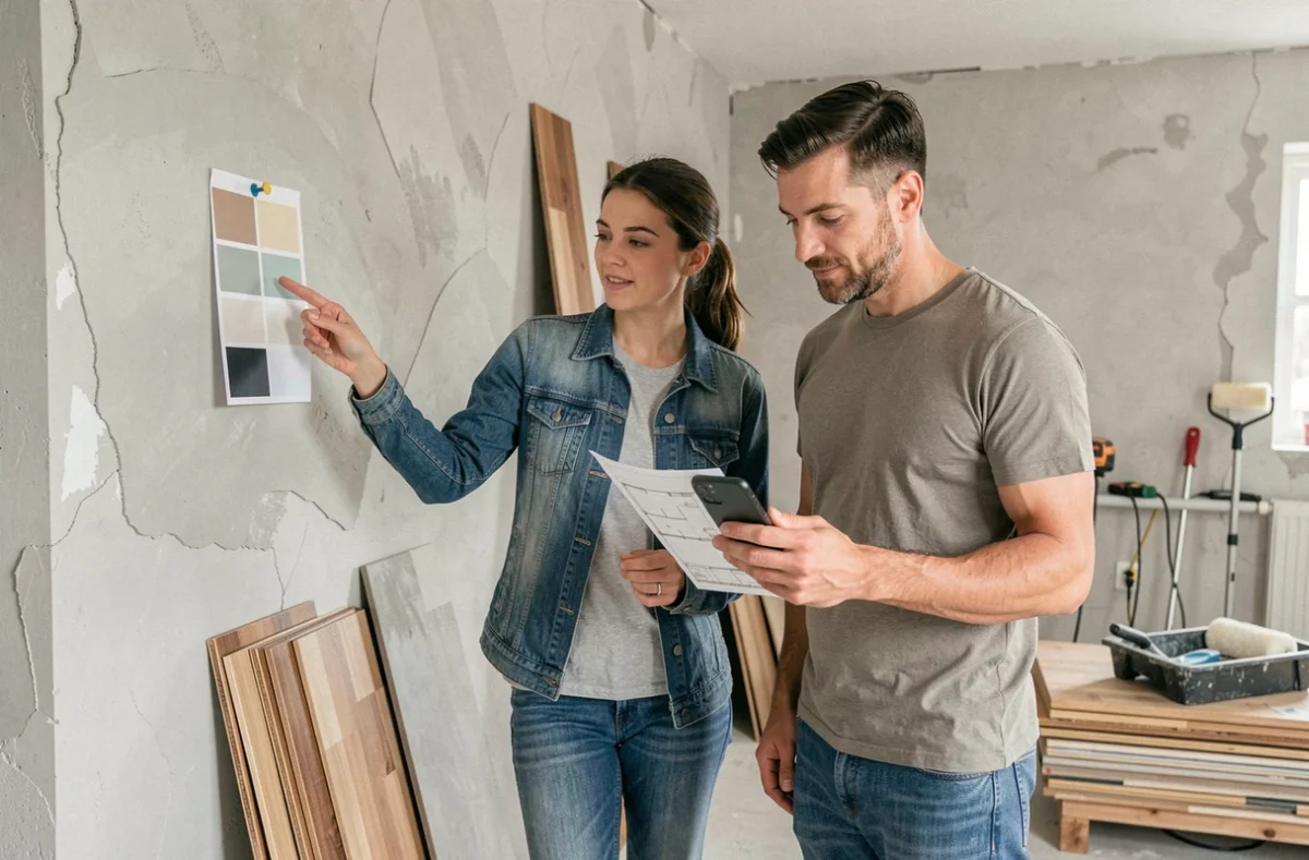 Couple en train de planifier la rénovation de leur maison en comparant des échantillons de couleurs et des plans sur smartphone