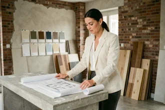 Décoratrice d'intérieur consultant des plans de rénovation dans un appartement en travaux à Lille, avec des échantillons de parquet et des murs en brique apparente