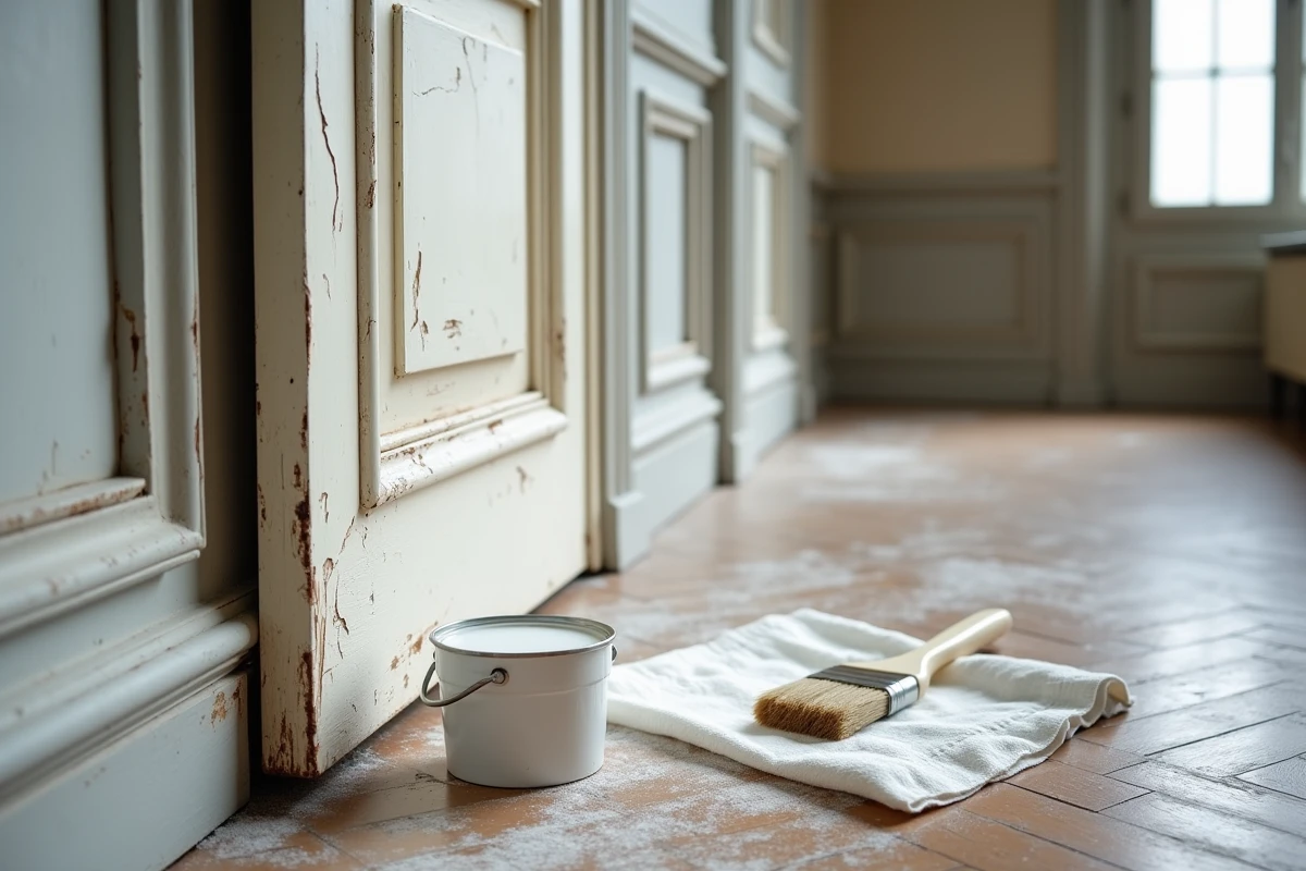 Gros plan sur des défauts de peinture blanche sur une boiserie, peinture qui s'écaille et jaunit sur du bois mal préparé