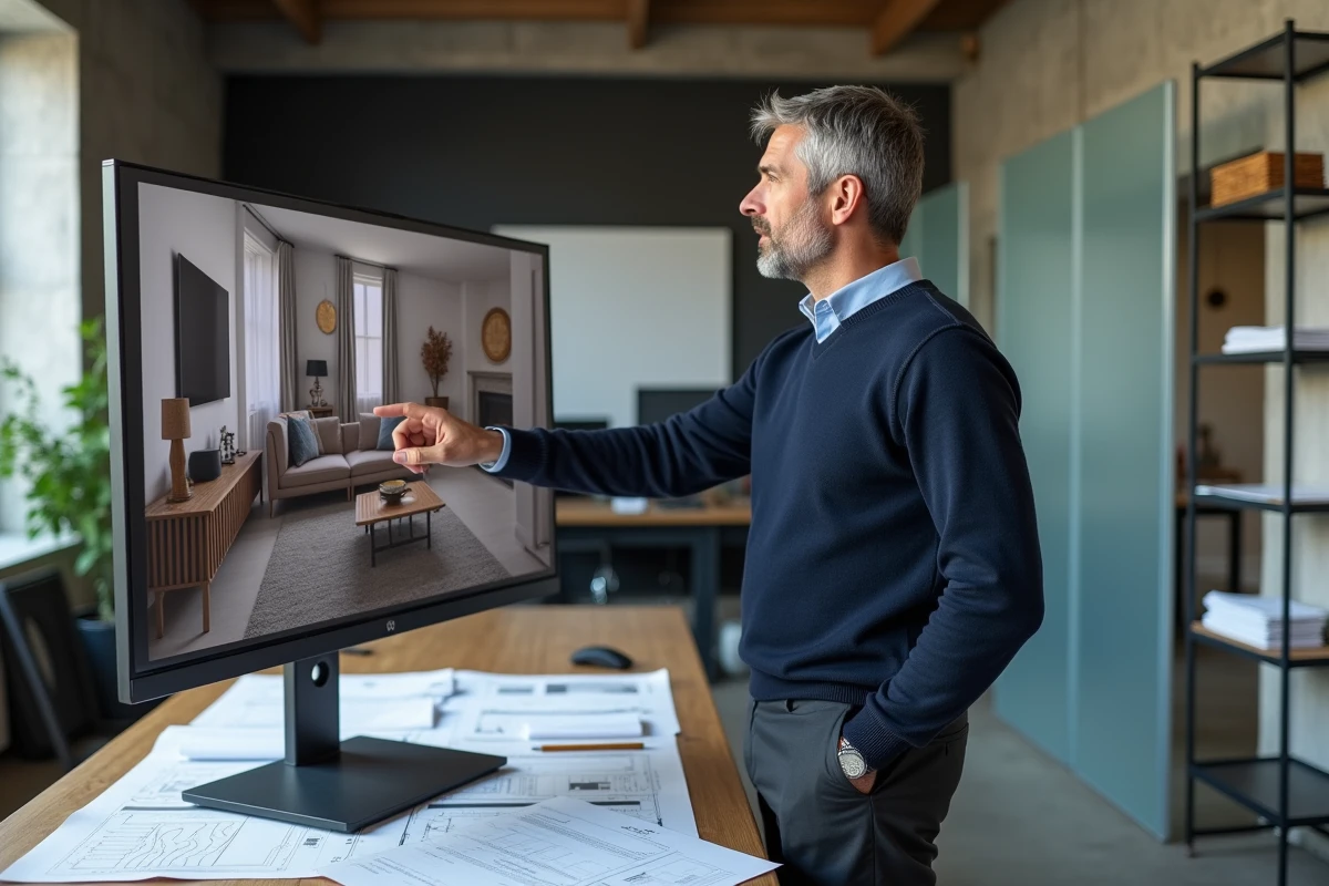 Designer intérieur analysant un rendu 3D généré par IA sur grand écran dans un studio d'architecture moderne