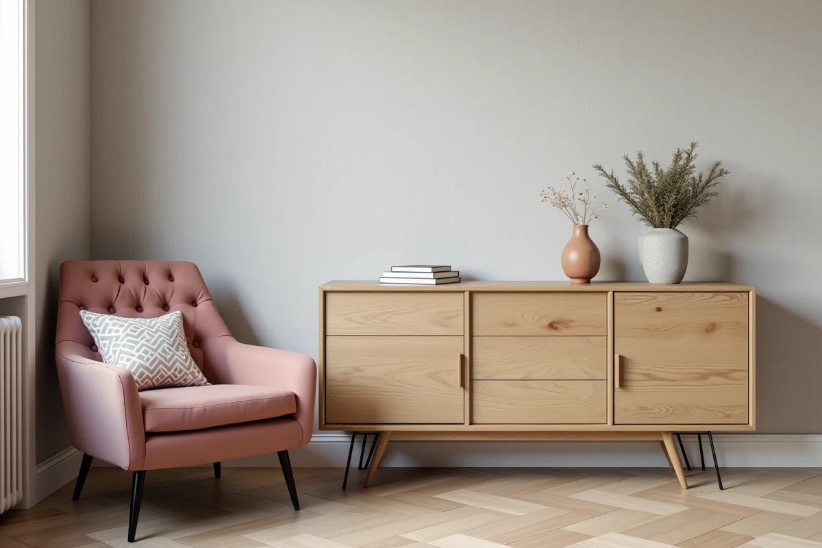Détail d'un coin salon décoré avec un buffet en chêne, un fauteuil en velours rose et des accessoires design issus du catalogue BUT