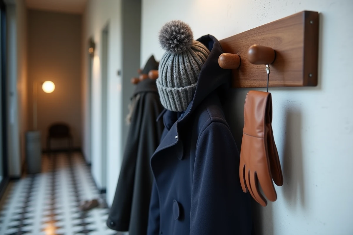 Détail d'un porte-manteau mural scandinave avec patères en noyer et rail métallique blanc dans un couloir moderne