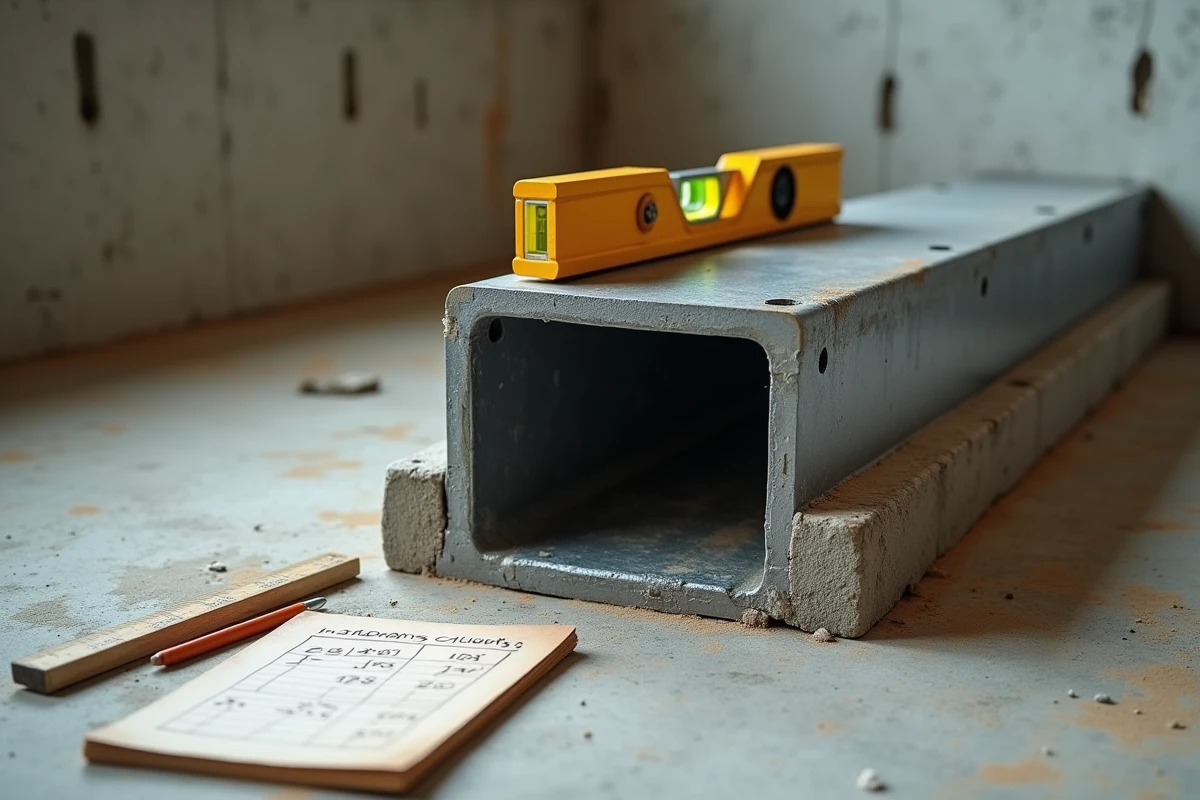Détail en gros plan d'un profilé IPN en acier galvanisé posé sur ses appuis dans un chantier de rénovation