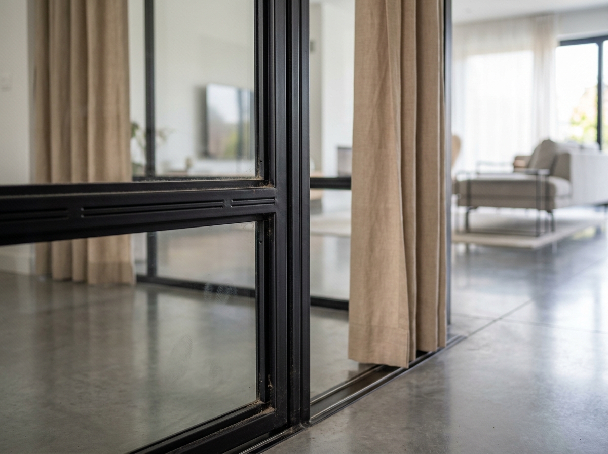 Détail d'une verrière intérieure en acier noir avec profilés métalliques dans un séjour contemporain