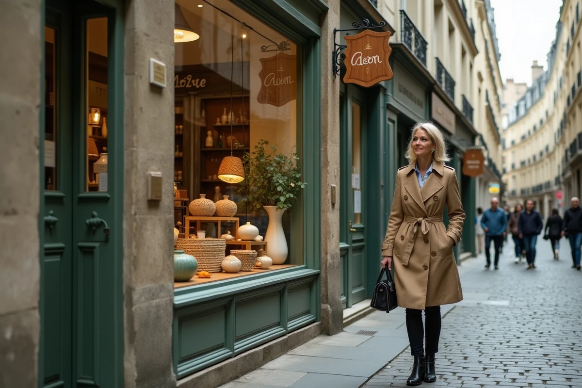 Devanture de la boutique déco Maison Aimable dans le Marais à Paris avec vitrine d'objets artisanaux et passante