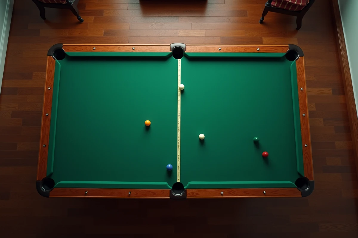 Vue a&eacute;rienne d'un billard am&eacute;ricain avec m&egrave;tre ruban montrant les dimensions officielles dans une salle de jeux