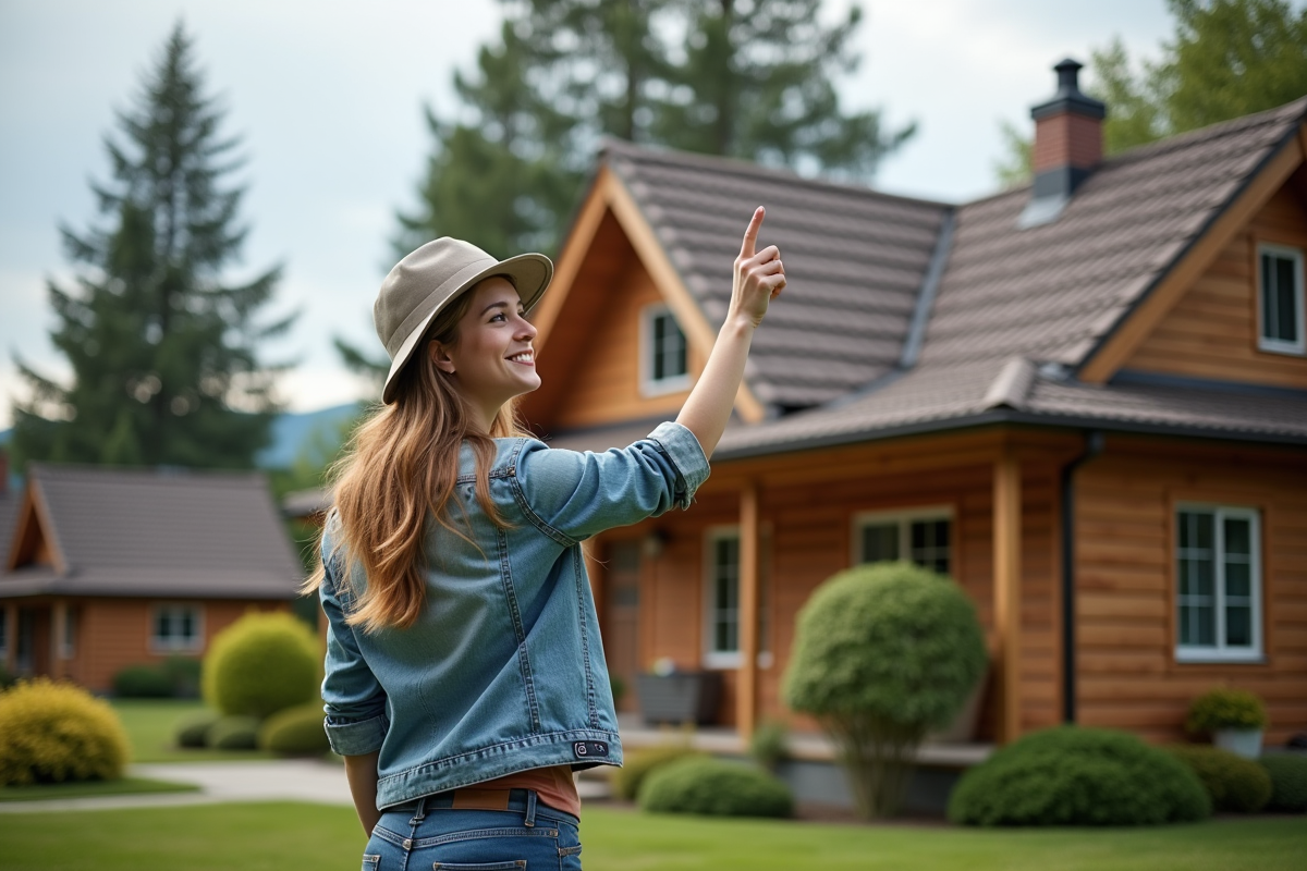 Femme souriante pointant vers le toit en tuiles