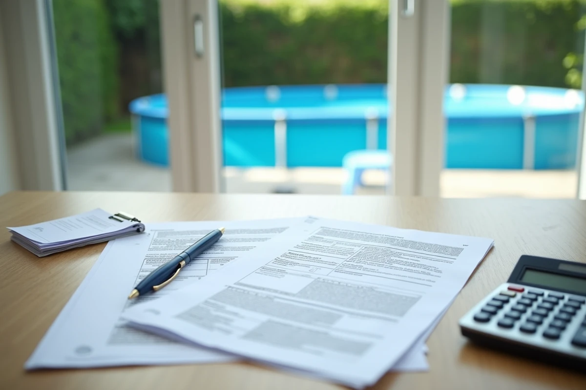 Documents fiscaux français relatifs à la taxe sur les piscines hors sol posés sur une table avec piscine visible en arrière-plan