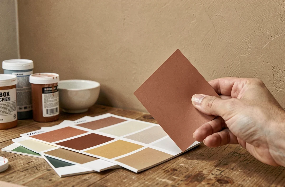 Échantillons de couleurs pour salle à manger posés sur une table en bois, choix de teintes terracotta et beige pour les murs