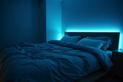 Chambre à coucher avec éclairage LED bleu-blanc froid sur la tête de lit, atmosphère stérile nuisant à la qualité du sommeil