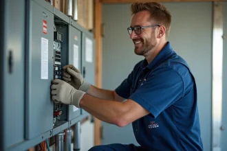 Électricien homme installant un disjoncteur dans une maison
