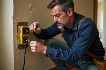 Électricien inspectant une ancienne prise coaxiale jaunie sur un mur en plâtre dans une maison ancienne