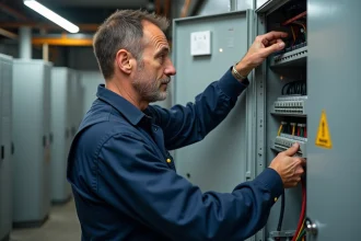 Électricien en tenue de travail connectant une prise dans un local technique