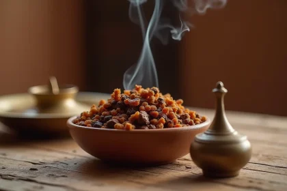 Résine d'encens arabe dans un bol en céramique avec brûleur en laiton traditionnel