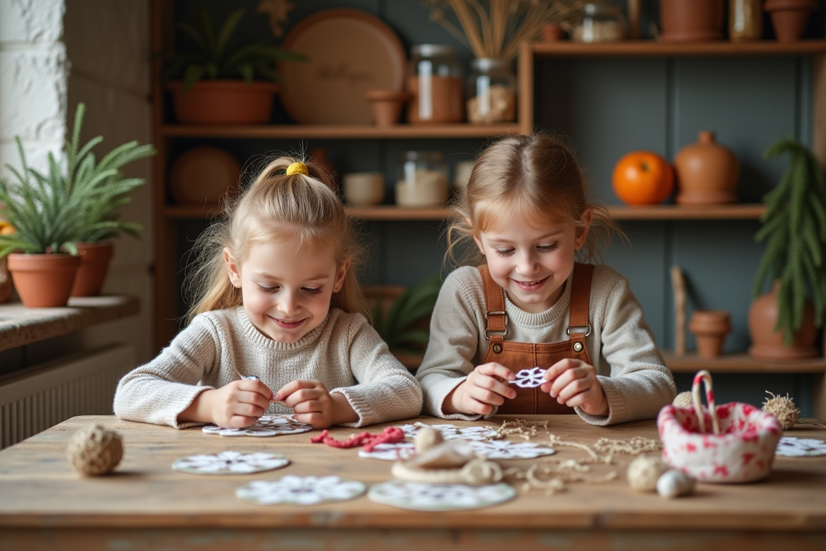 Enfants fabriquant des flocons de neige en papier