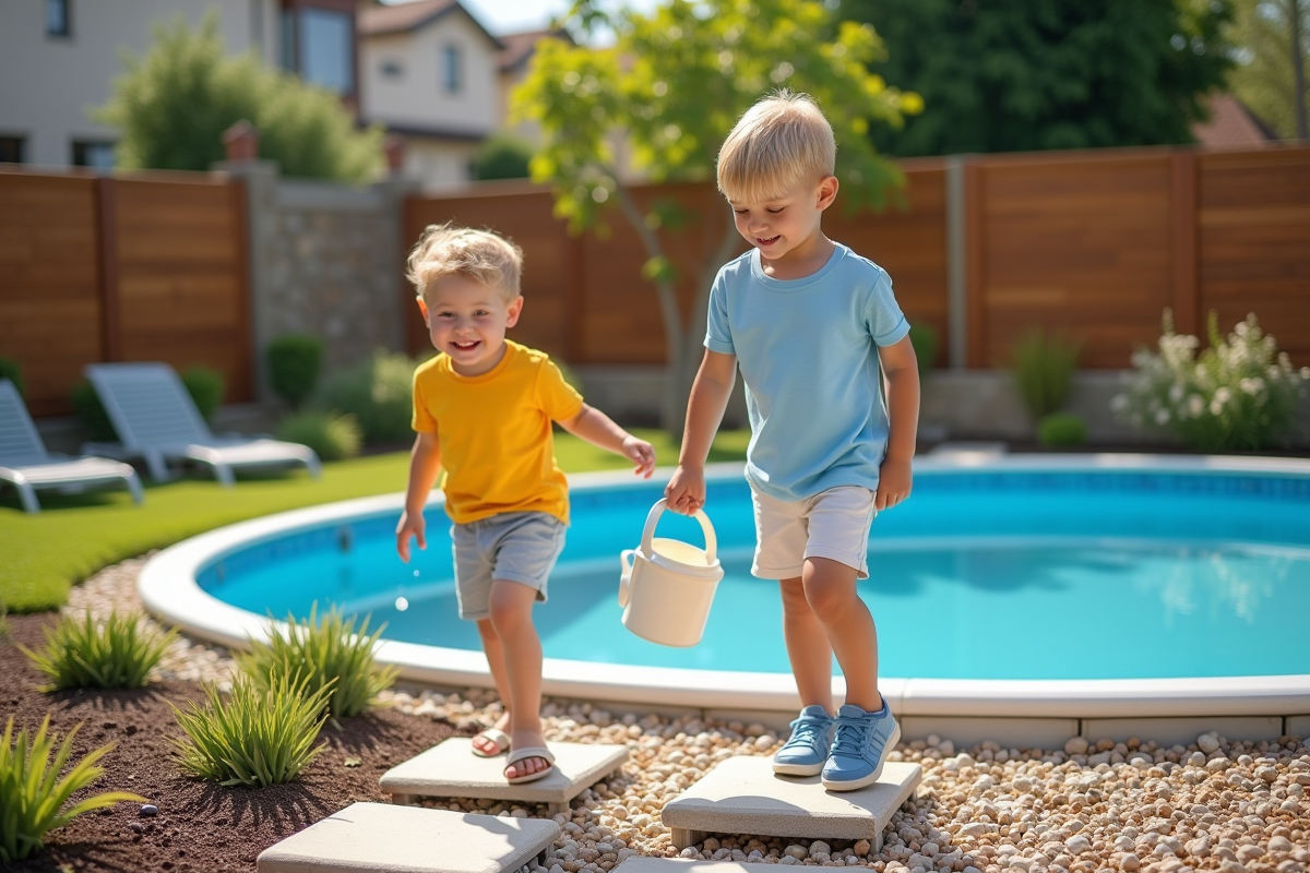 Deux enfants jouent près de la piscine avec galets et fleurs