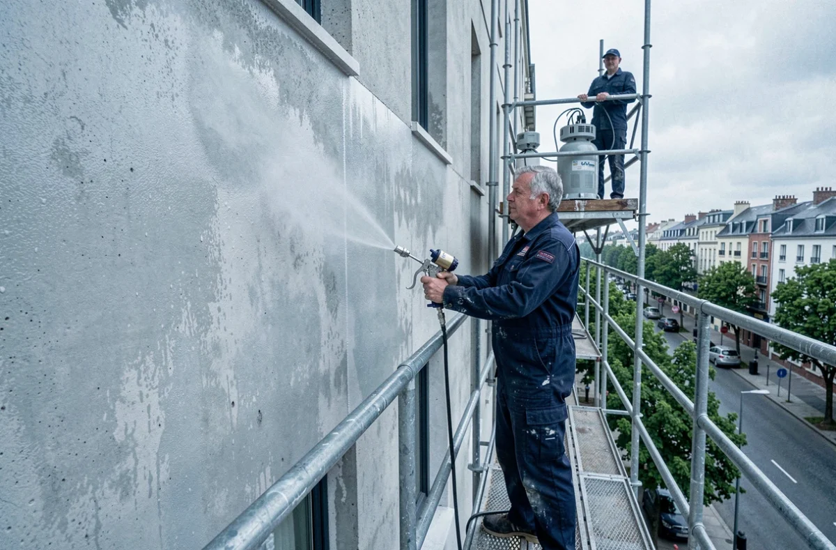 Technicien Entreprise Duval appliquant un traitement d'imperméabilisation sur une façade en béton en Île-de-France
