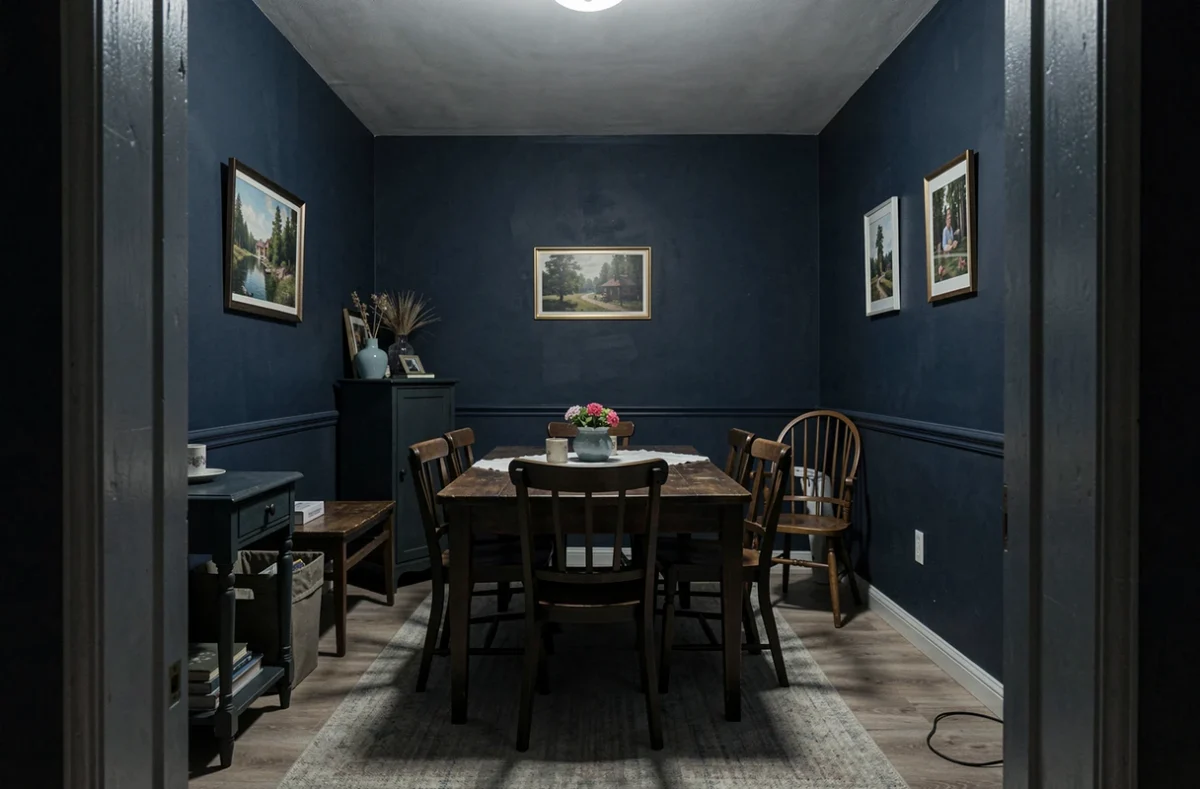 Salle à manger aux murs bleu marine trop sombres créant une atmosphère oppressante, erreur courante de couleur à éviter