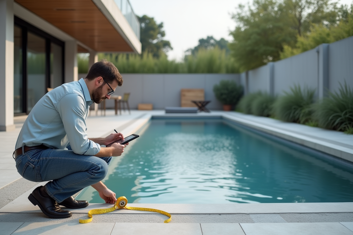 Estimateur professionnel mesure une piscine en construction sur une terrasse