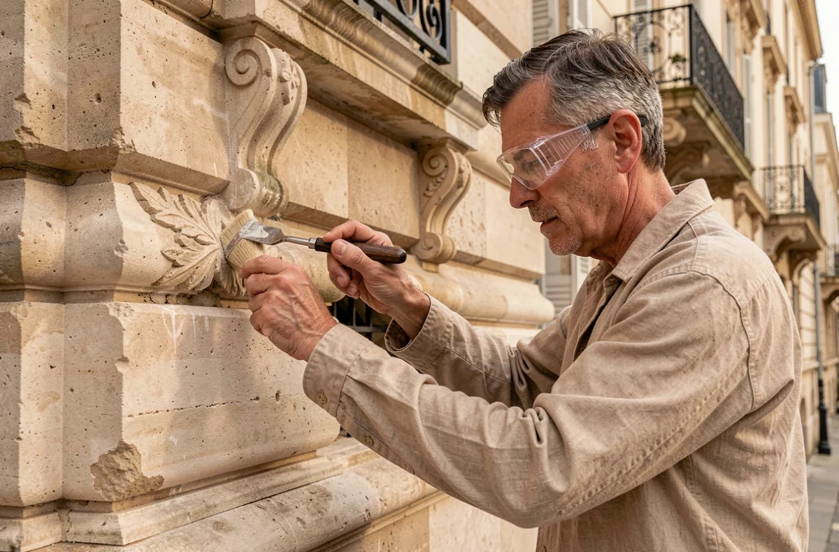 Artisan de Façade et Patrimoine restaurant les ornements en pierre d'une façade ancienne dans le 93