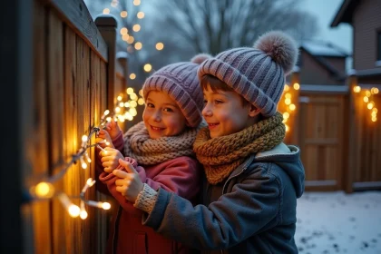Famille joyeuse accrochant des guirlandes lumineuses de No&euml;l dans le jardin