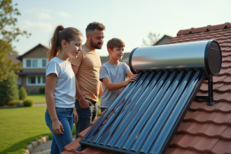 Famille devant un chauffe-eau solaire sur le toit d'une maison
