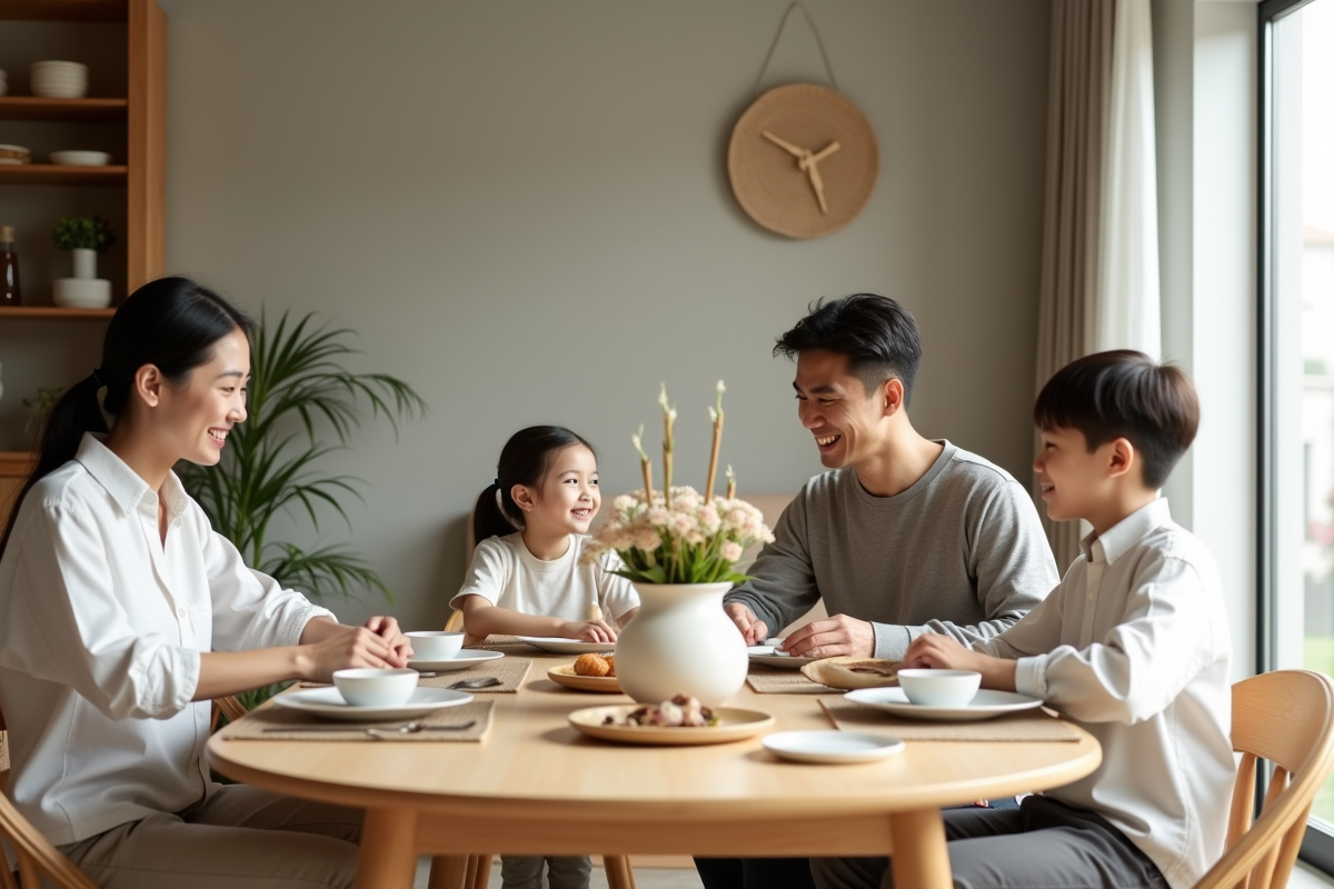 Famille souriante réunie autour d