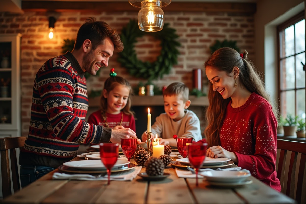 Famille pr&eacute;parant une table de f&ecirc;te de No&euml;l chaleureuse