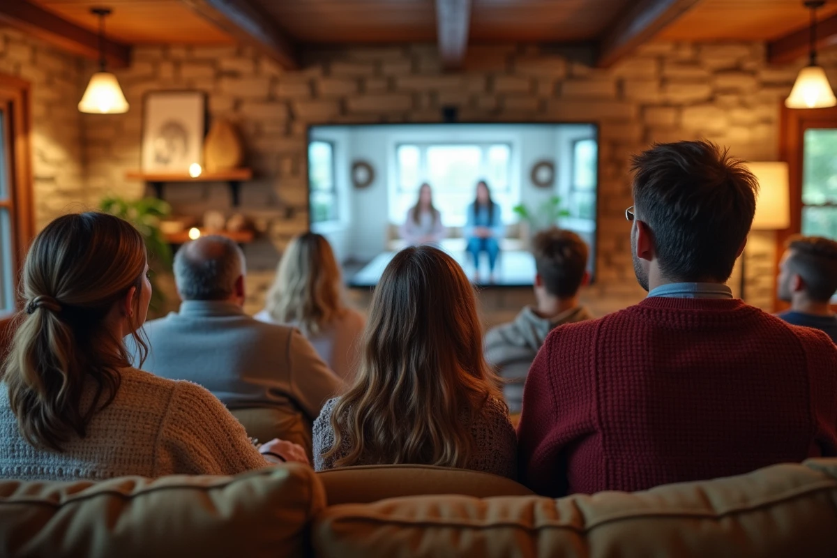 Fans regardant un &eacute;cran avec Chip et Joanna en int&eacute;rieur chaleureux
