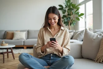 Femme utilisant une application de décoration intérieure sur smartphone dans un salon moderne au parquet en chêne